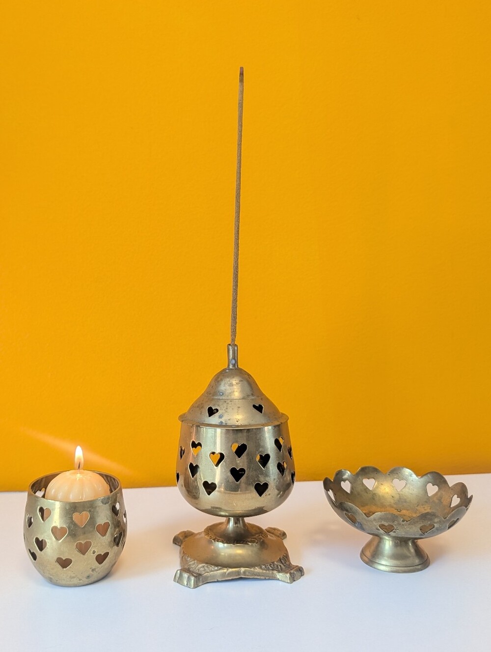 Vintage Brass Heart Cutout Incense Burner & Tea Light Candle Holders